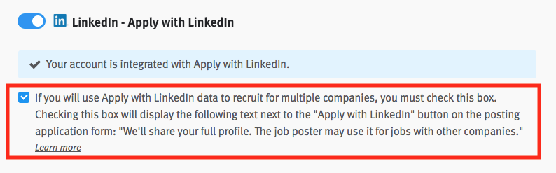 Apply with LinkedIn integration toggle and tile in Lever with selected checkbox circled. Text next to checkbox reads 'If you will use Apply with LinkedIn data to recruit for multiple companies, you must check this box.'