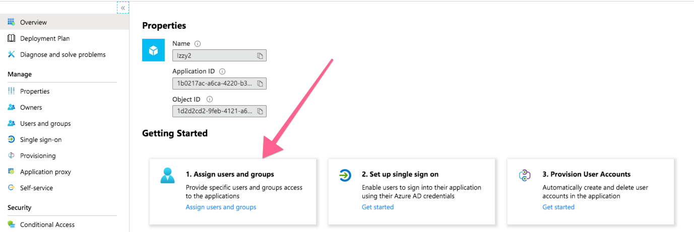 Azure admin page with arrow pointing to Assign users and groups button beneath Getting Started heading.