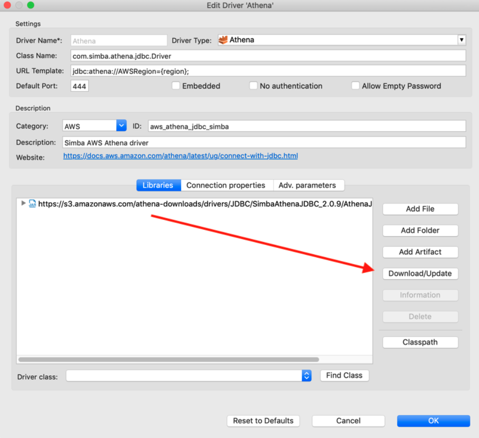 Edit Driver Athena window with arrow pointing to Download/Update button