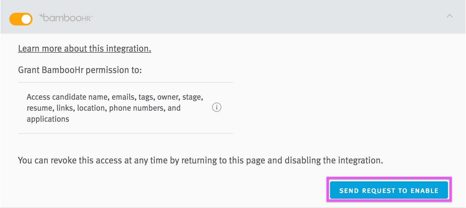BambooHR integration tile with send request to enable button circled.