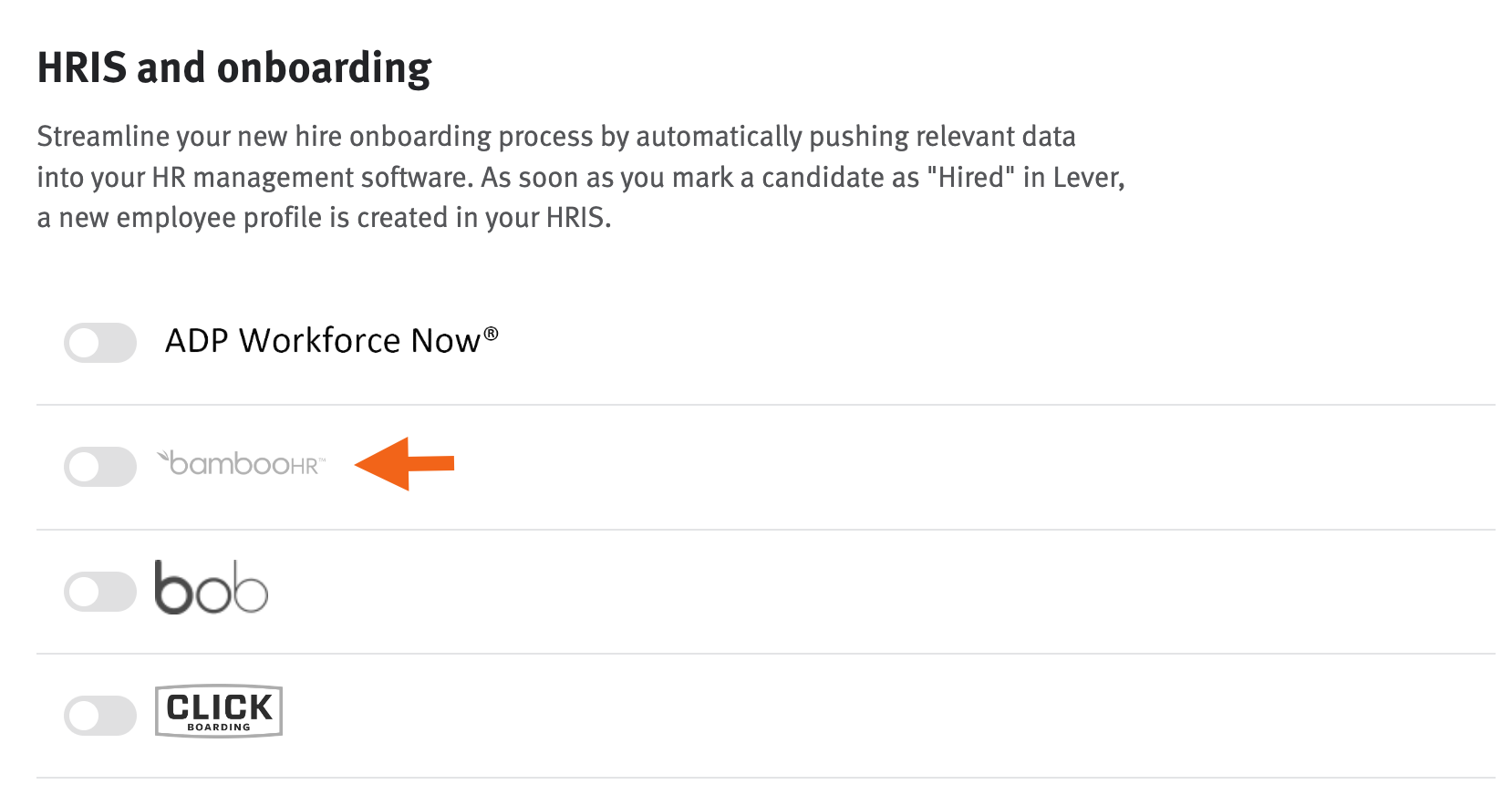Arrow pointing to BambooHR integration toggle on intergration settings page in Lever