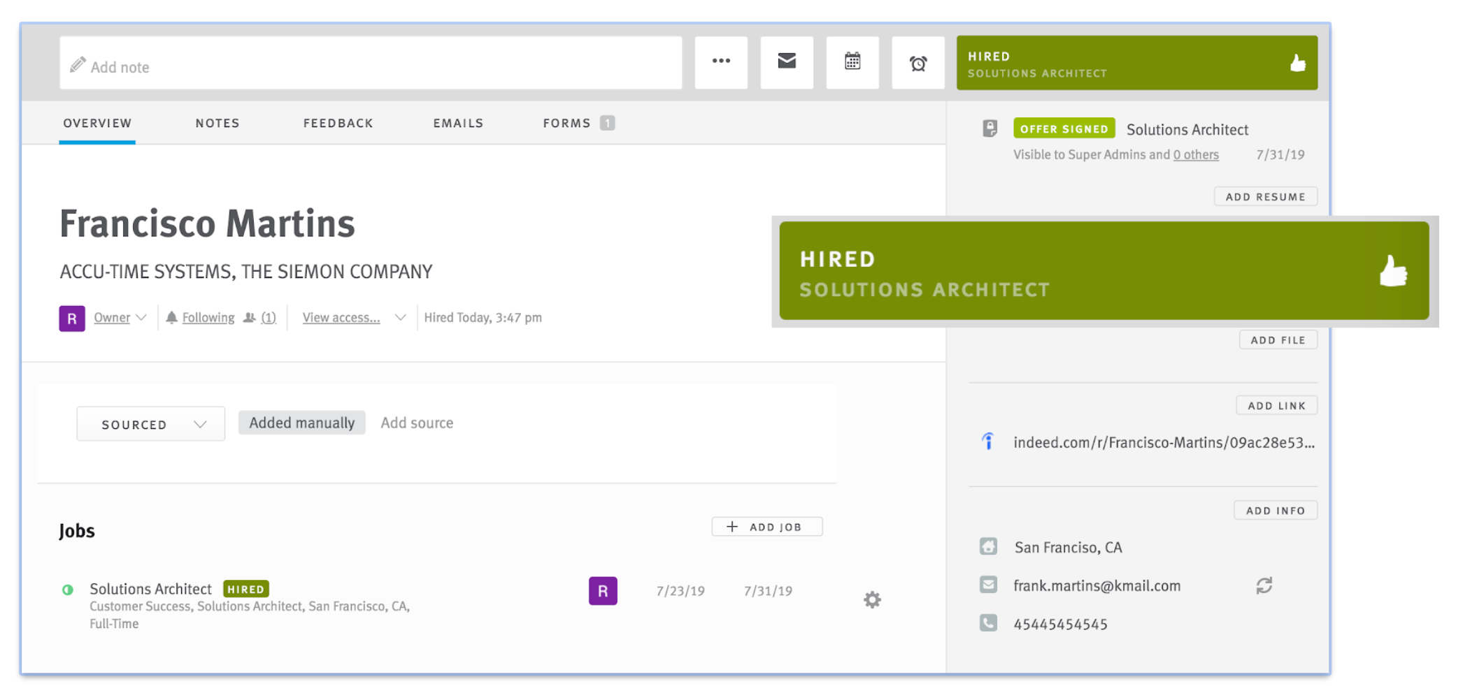 Candidate profile in Lever with opportunity archived as 'Hired.'