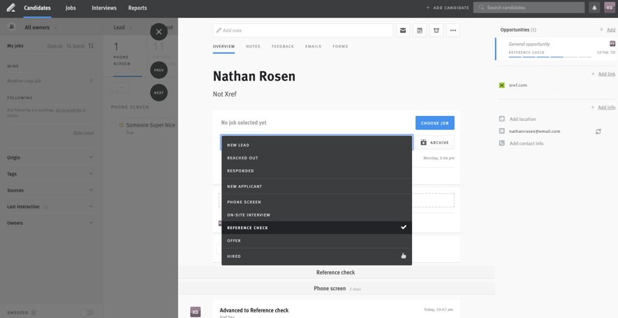 Candidate profile in Lever with stage menu expanded and Reference Check stage highlighted.