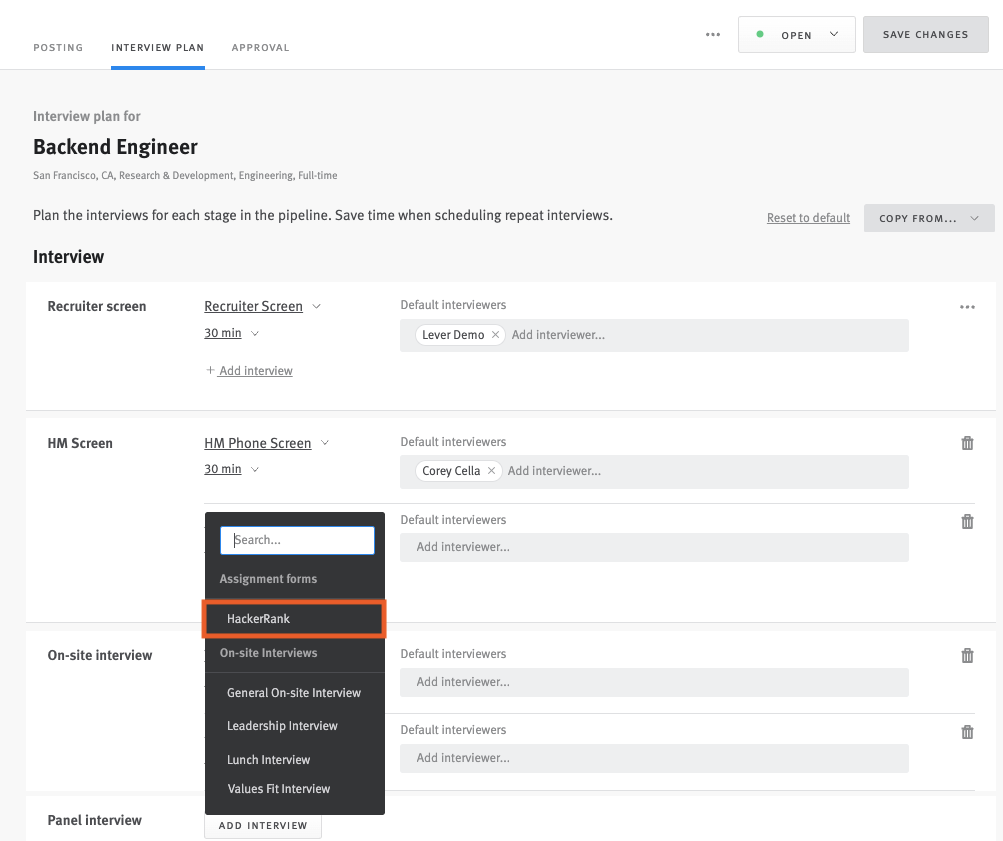 Interview Plan with HackerRank form selected in Skills Fit stage.