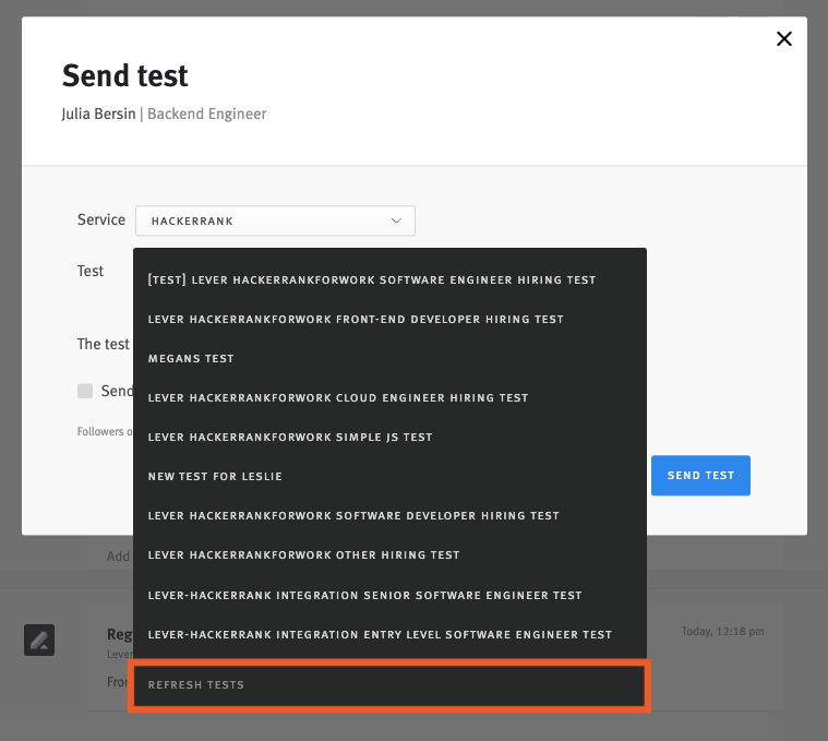 HackerRank updates on Lever candidate profile.