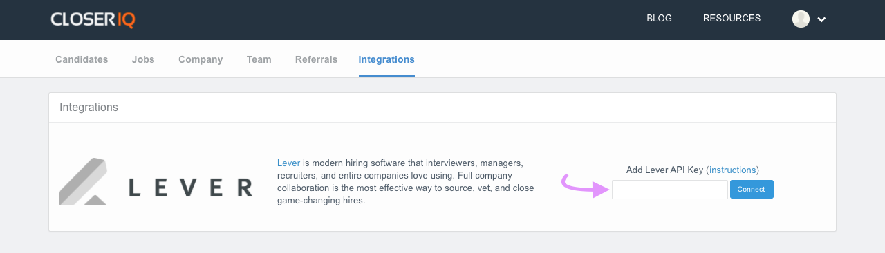 Closer IQ integrations tab with arrow pointing to lever API key field