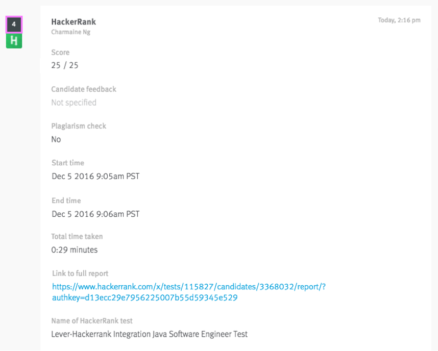 Completed assessment in candidate story.