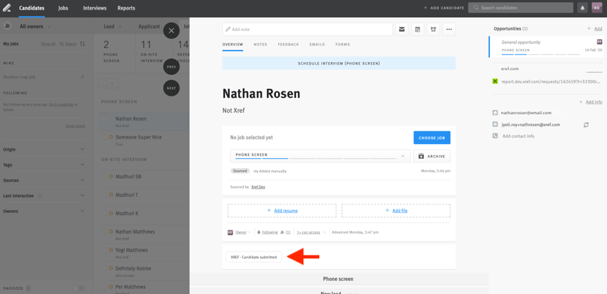 The same candidate profile in the previous image with an arrow pointing to the tag.