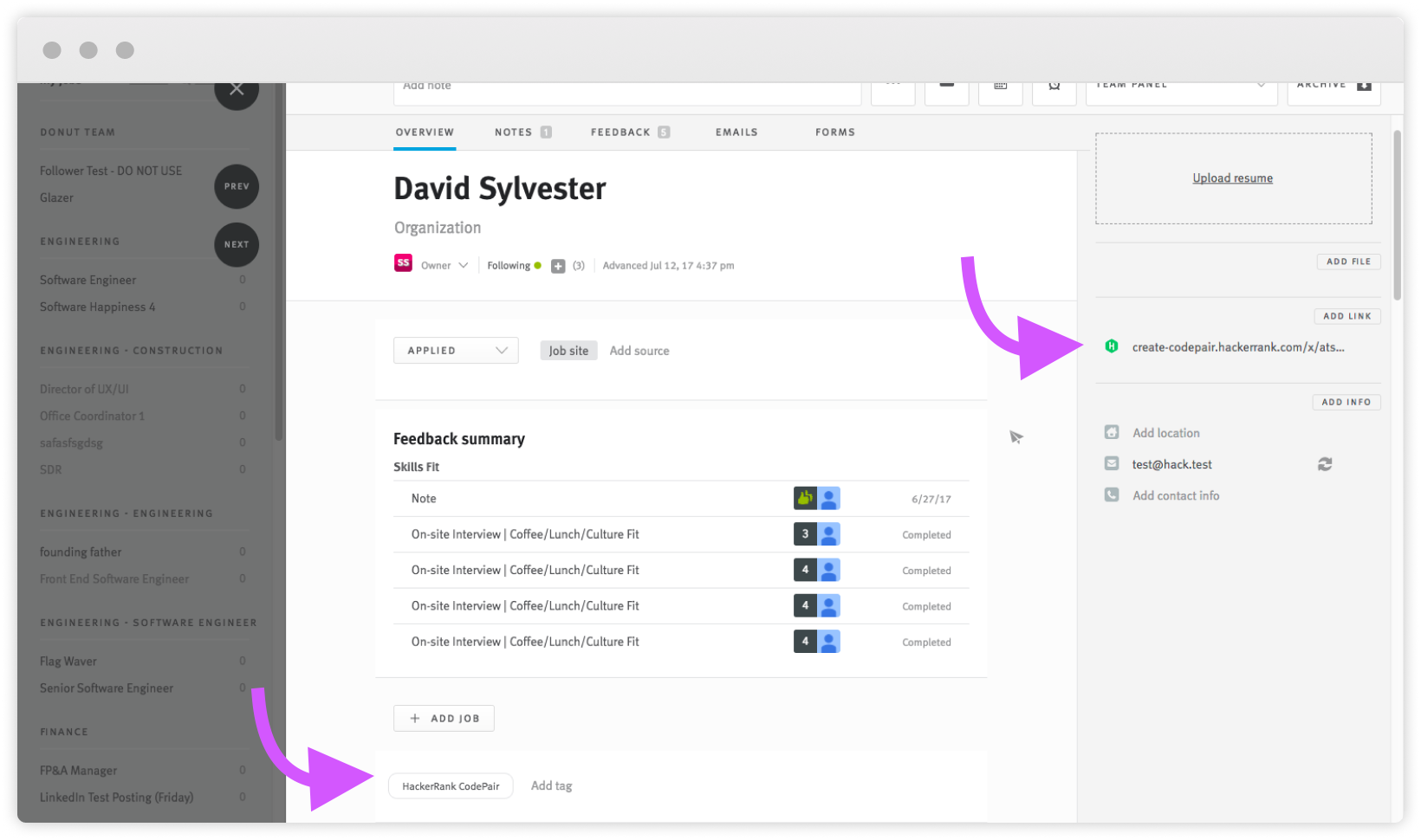 Opportunity profile with arrow pointing to CodePair creation link and HackerRank CodePair tag.