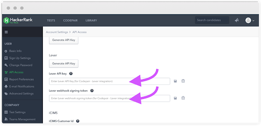API Access page in HackerRank with arrows pointing to fields for Lever API key and webhook singature token.