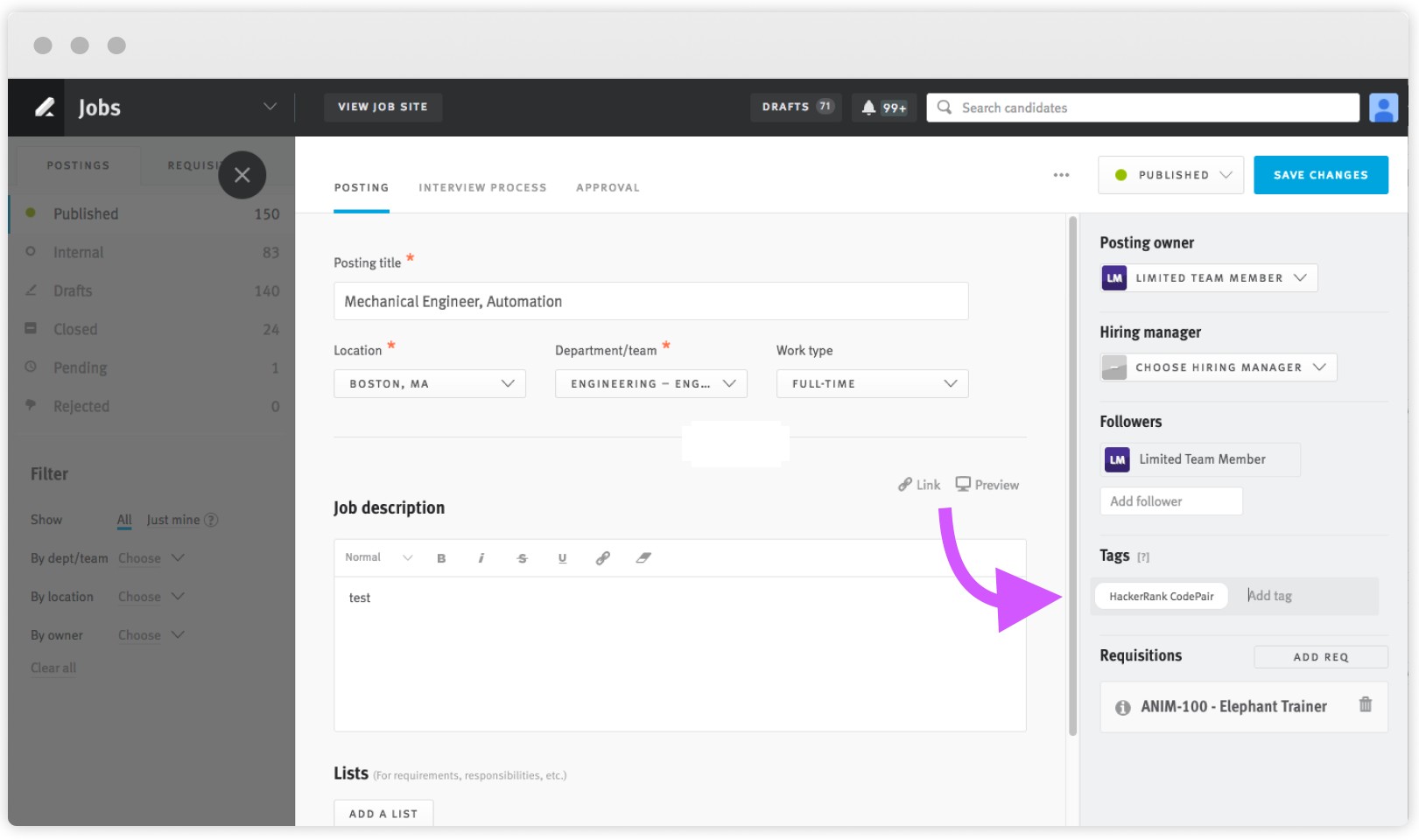 Arrow pointing to HackerRank CodePair tag added to a job posting.