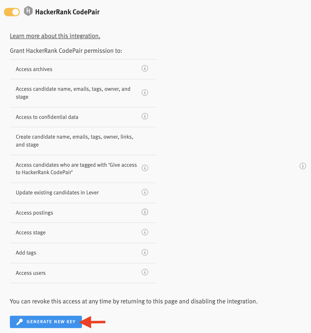 HackerRank CodePair toggle in Lever Settings with arrow pointing to Generete New Key button.