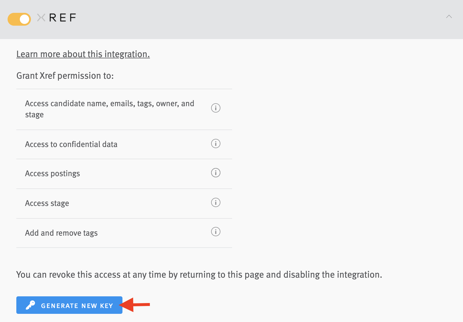 Xref tile on integrations and API page wiht arrow pointing to Generate New Key button.