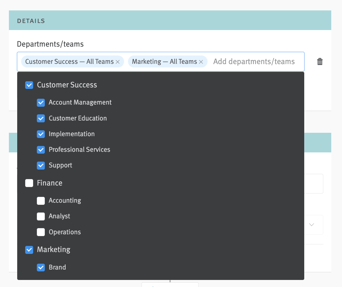 Custom approval editor close-up of department/teams field with menu extended.