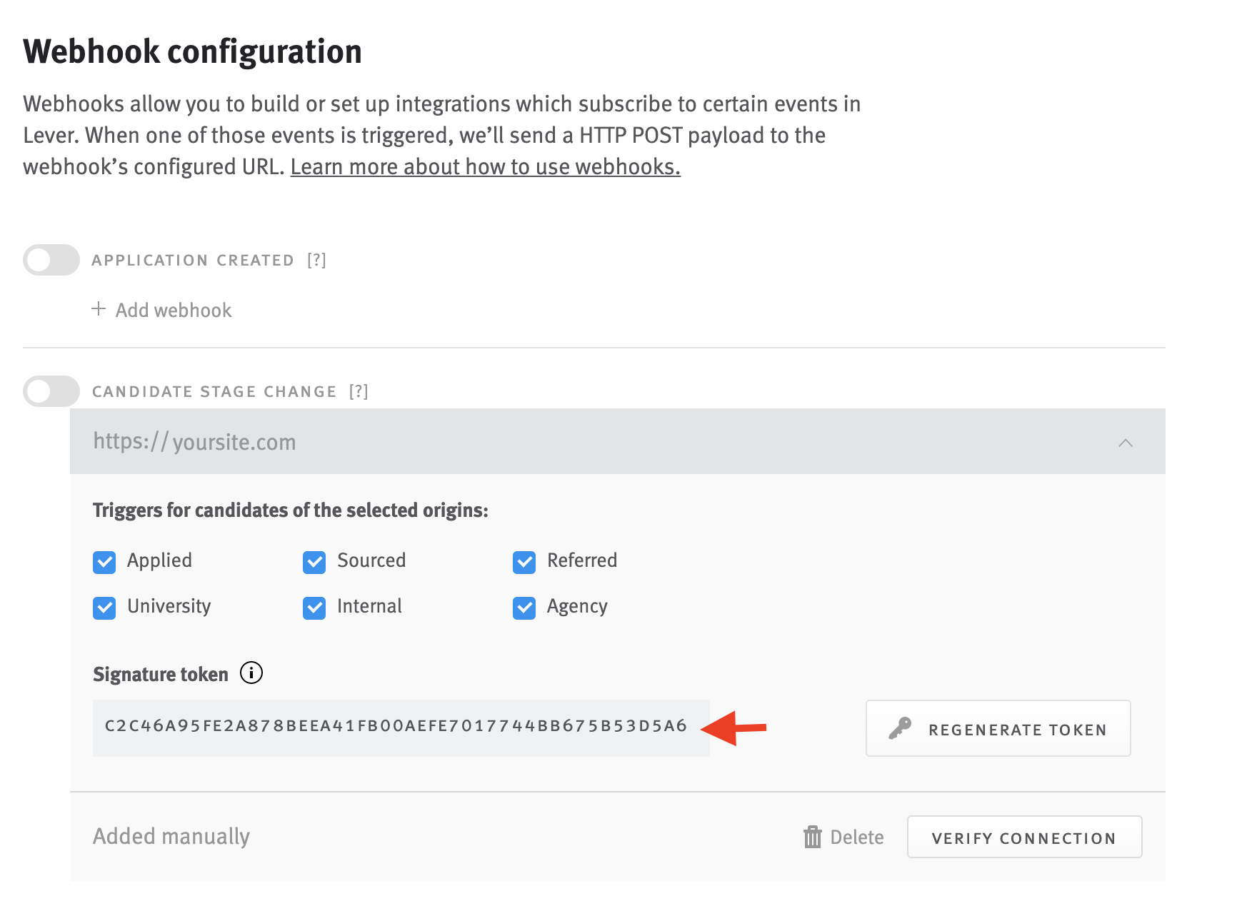 Candidate stage change webhook tile with arrow pointing signature token.