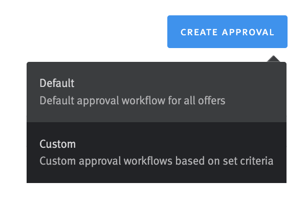 Close-up of Create Approval button with menu containing Default and Custom options. Custom option is highlighted on hover.