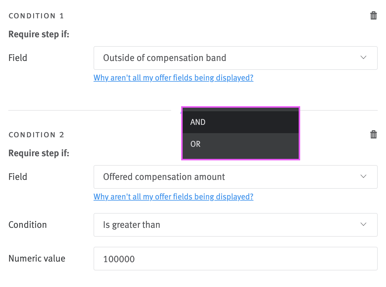 AND/OR operator menu between conditions in approval editor.
