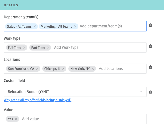 Custom offer approval editor with details fields populated.