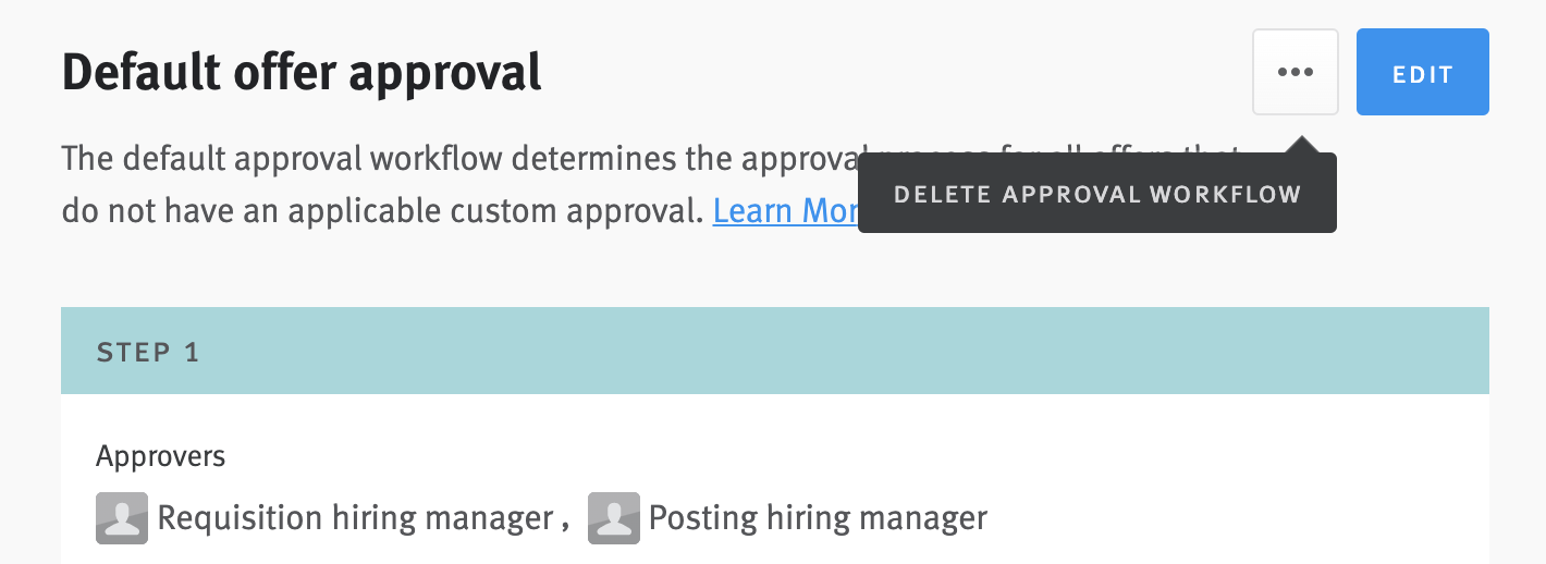 Approval editor with option extending from ellipses button to delete approval workflow.