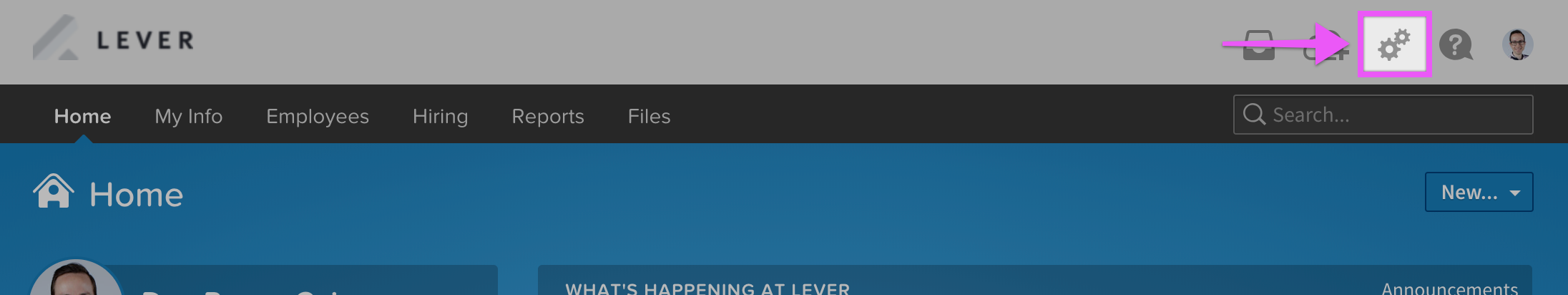 Arrow pointing to Settings icon in BambooHR platform header