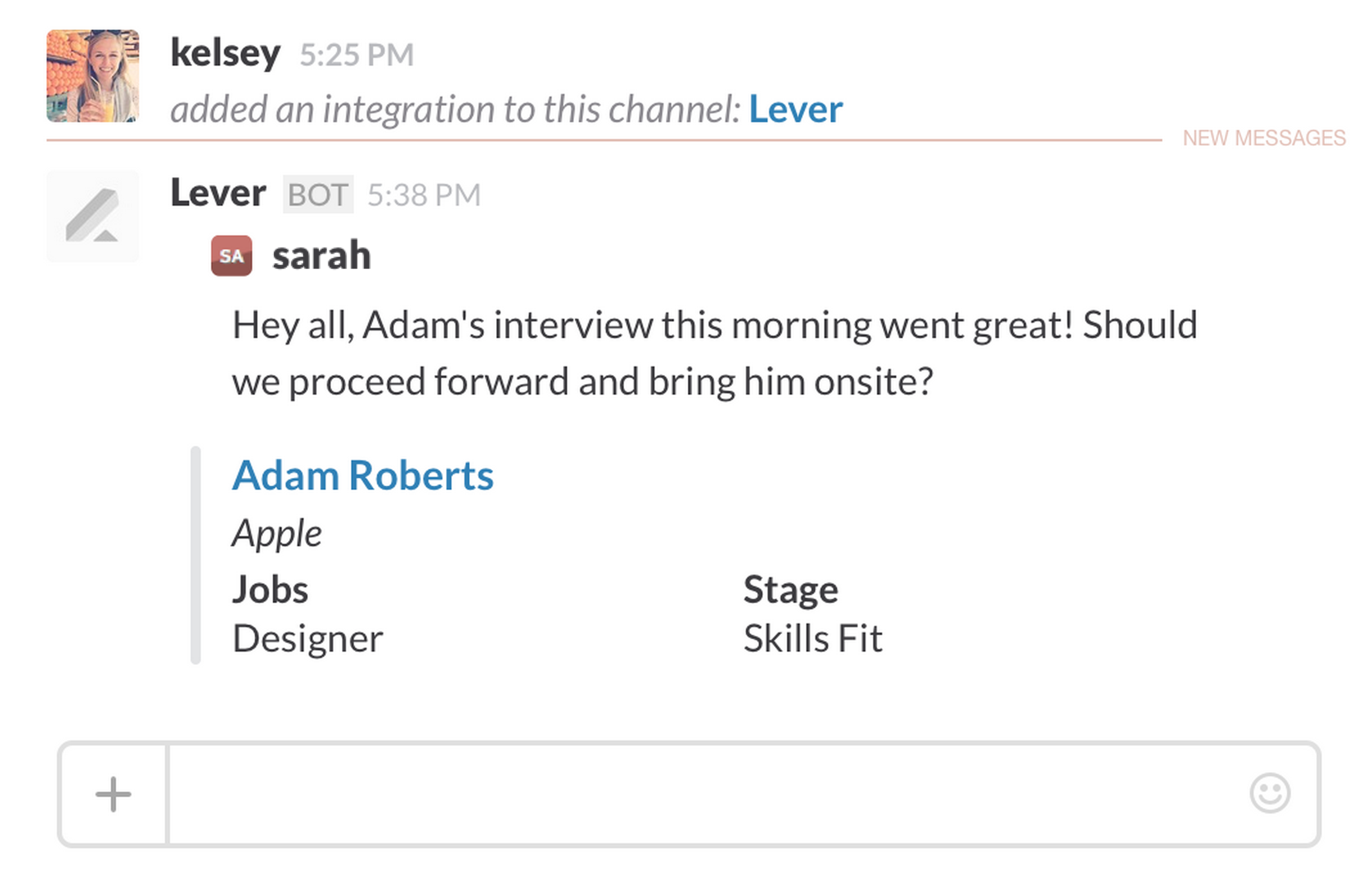 Slack mssage of Lever BOT interview reminder