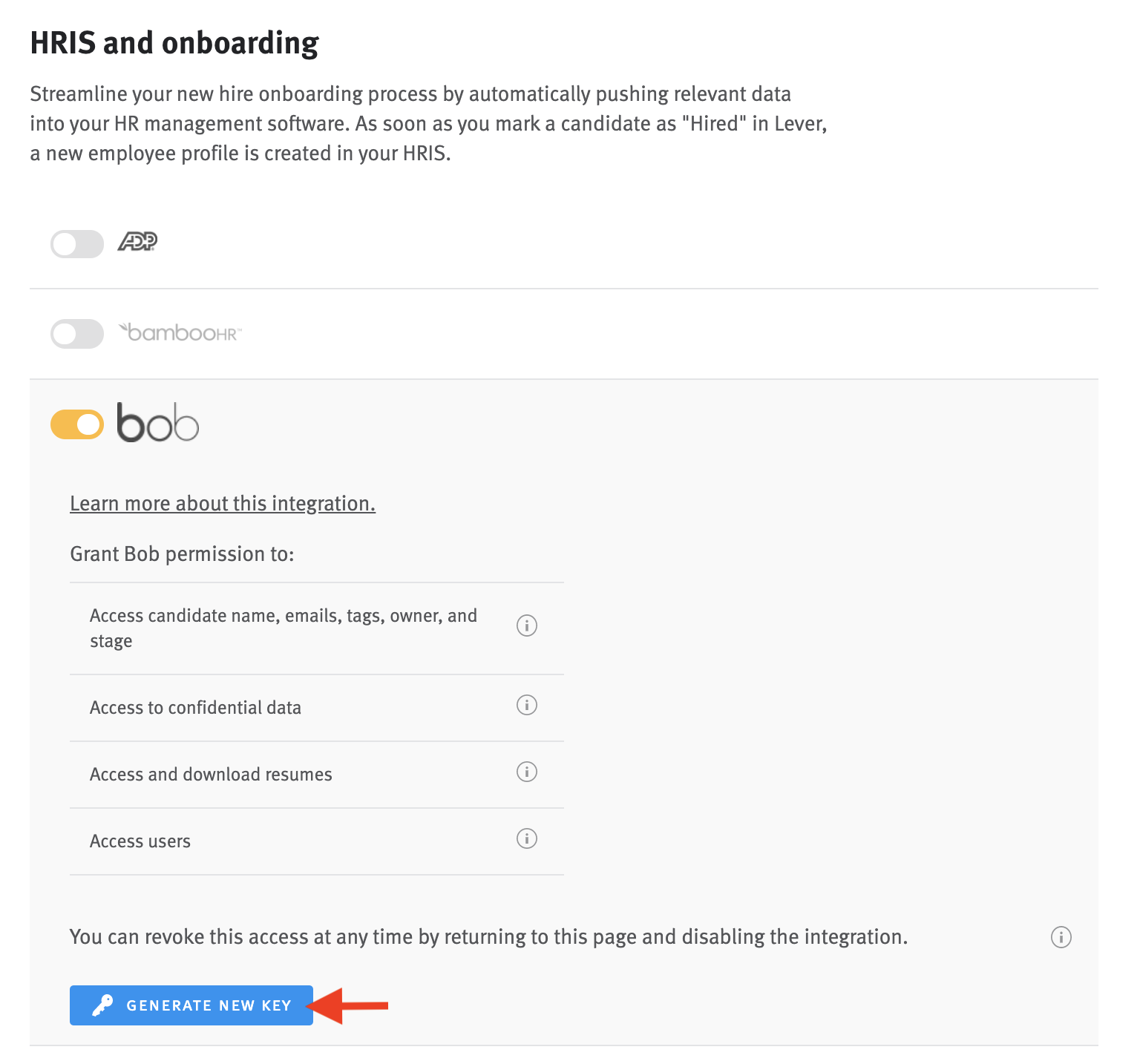 HRIS and onboarding section of Integrations list with tile expanded from bob toggle and arrow pointing to Generate new key button.