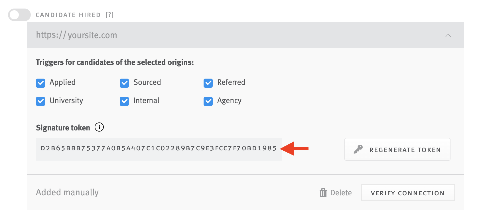 Tile expanded from Candidate Hired toggle with arrow pointing to signature token.