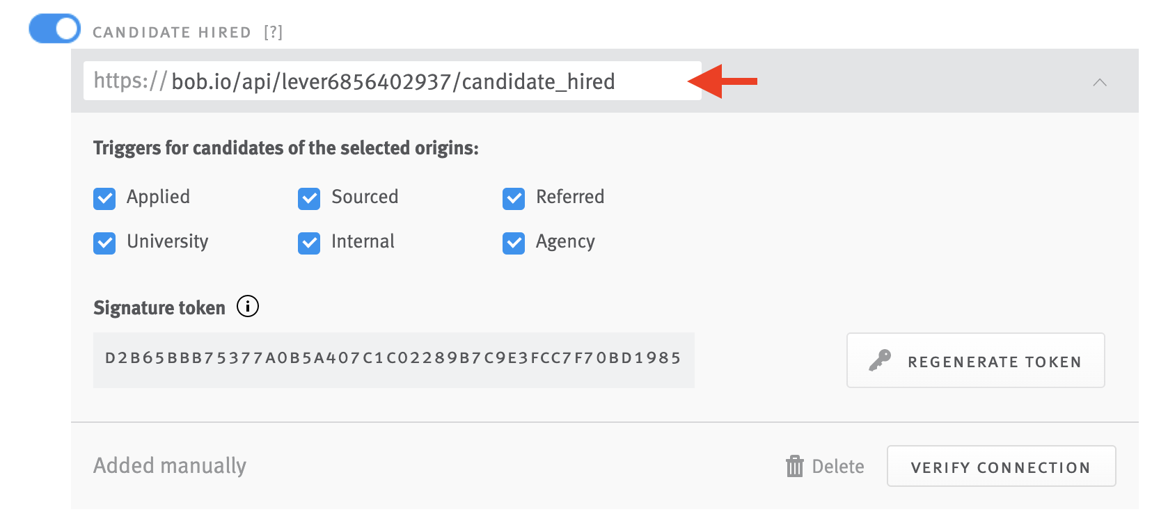 Tile expanded from Candidate Hired toggle with arrow pointing to pasted URL.