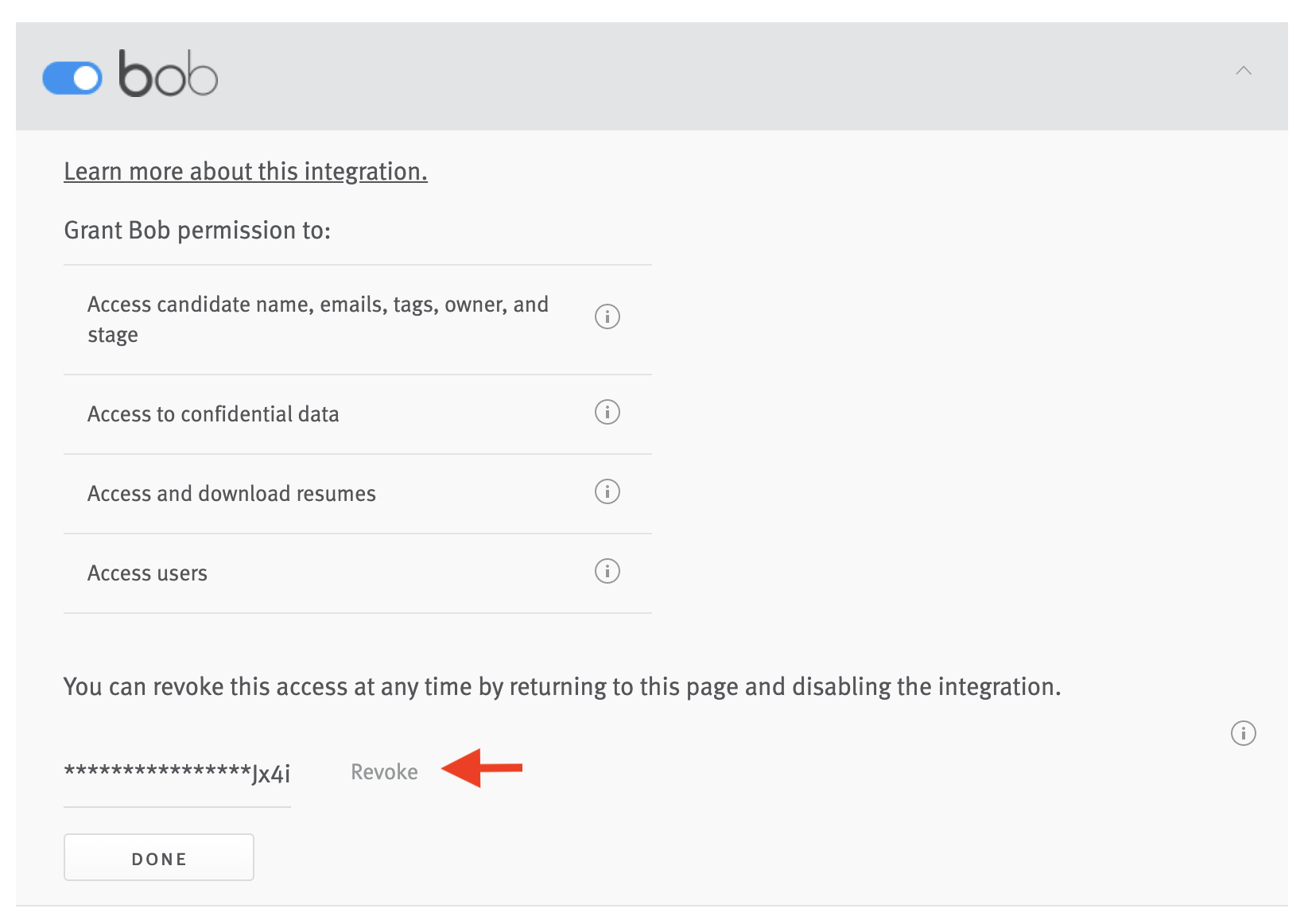 Tile expanded from active bob toggle with arrow pointing to Revoke button next to hidden API key.