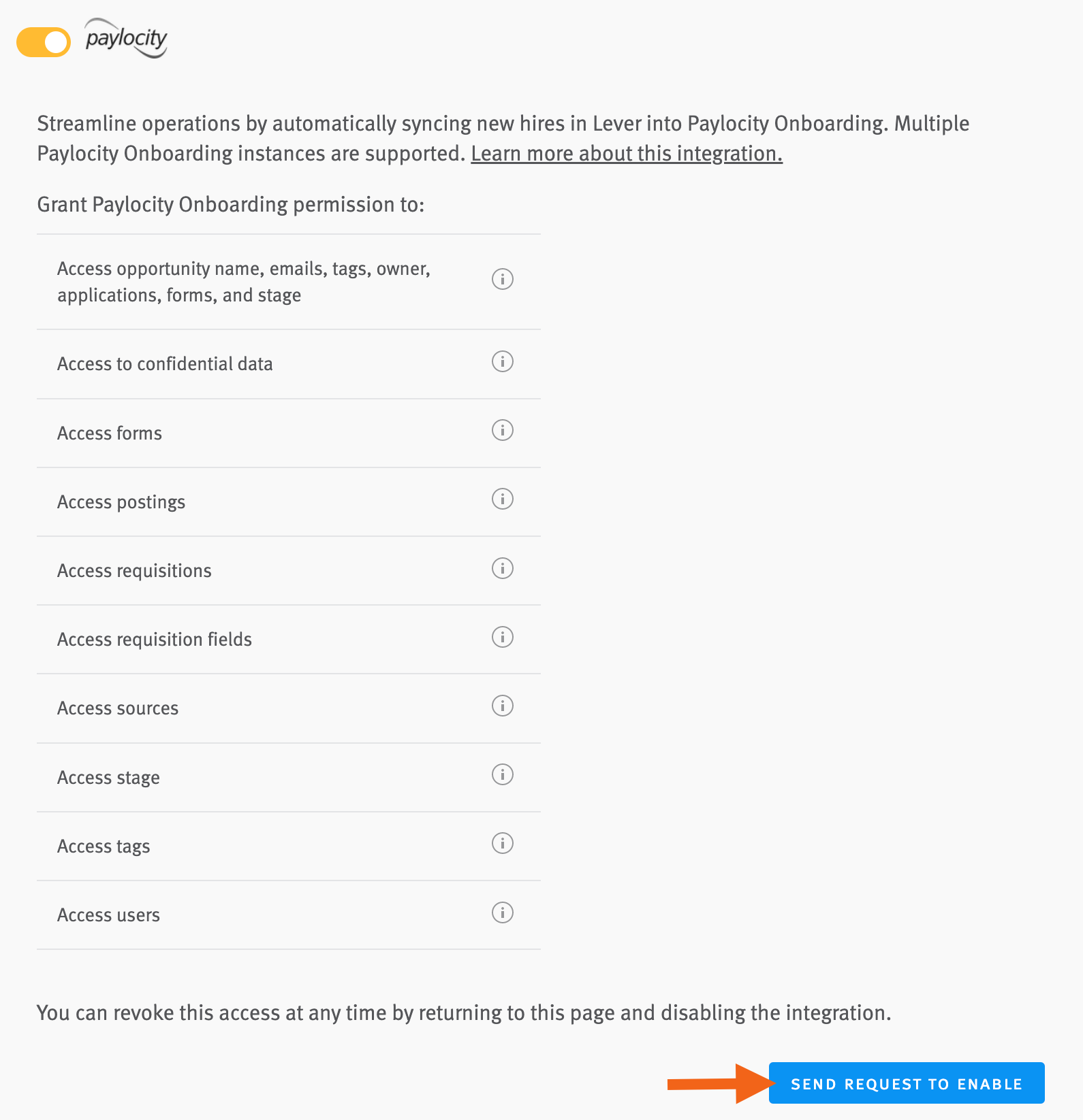 Paylocioty integration tile with arrow pointing to request to enable button.