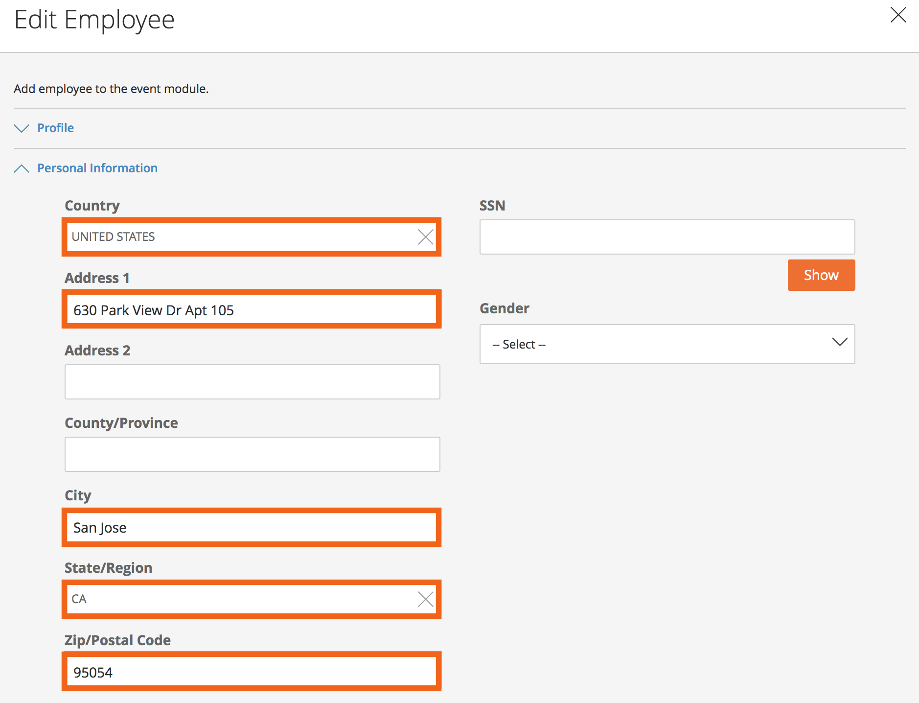 Fields outlined on candidate onboarding record in Paylocity