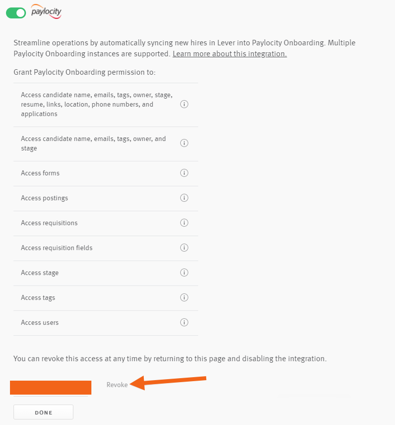 Arrow pointing to Revoke link on Paylocity integration tile in Lever