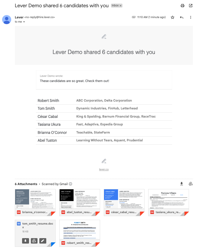 Email inbox with shared candidate list and attachments