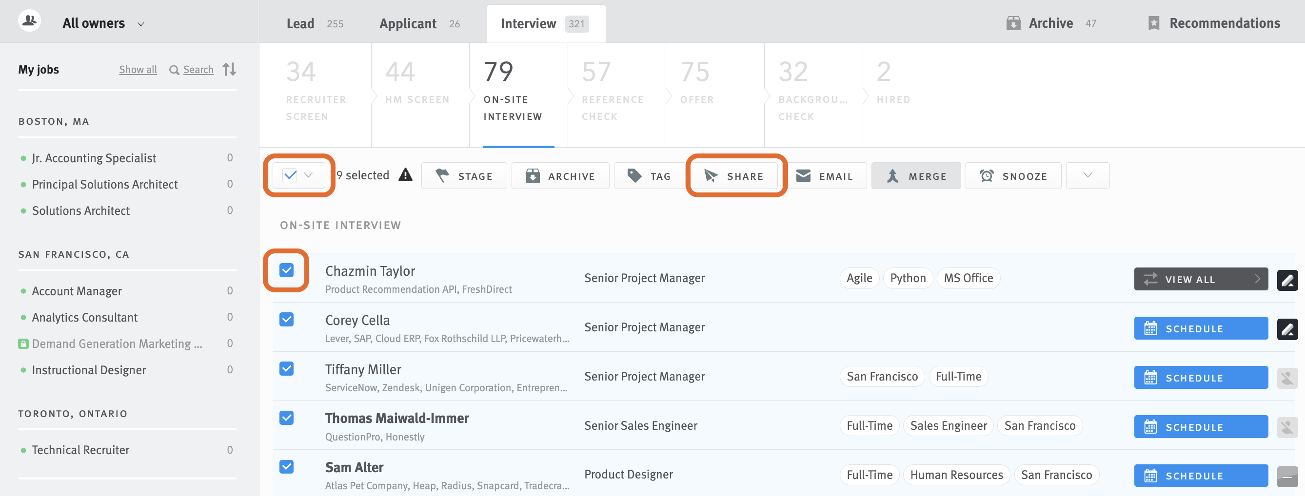 Pipeline view with select candidate and share buttons outlined