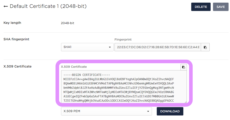 Default certification page with X.509 Certificate field outlined