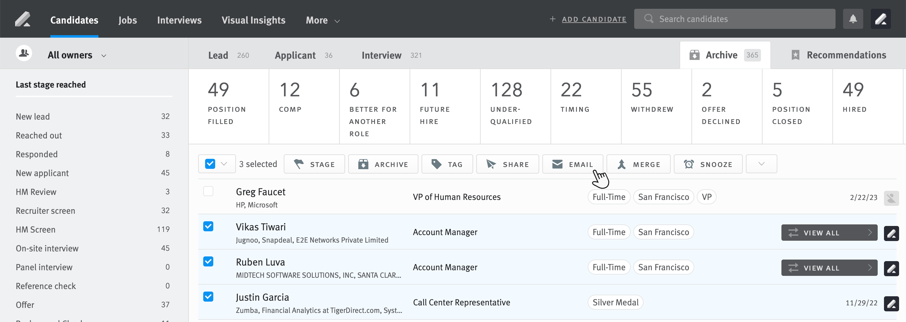 Multiple candidate opportunities selected in opportunity list, cursor points to email button in bulk action toolbar.