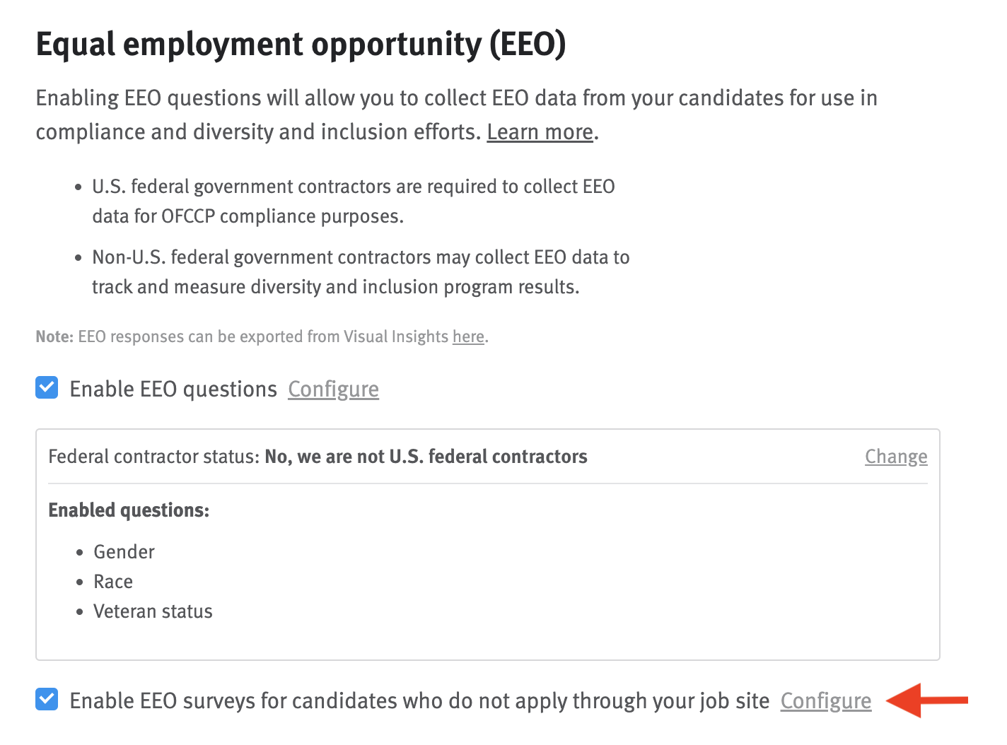 Equal employment opportunity section in settings with arrow pointing to configure option next to the second checkbox.