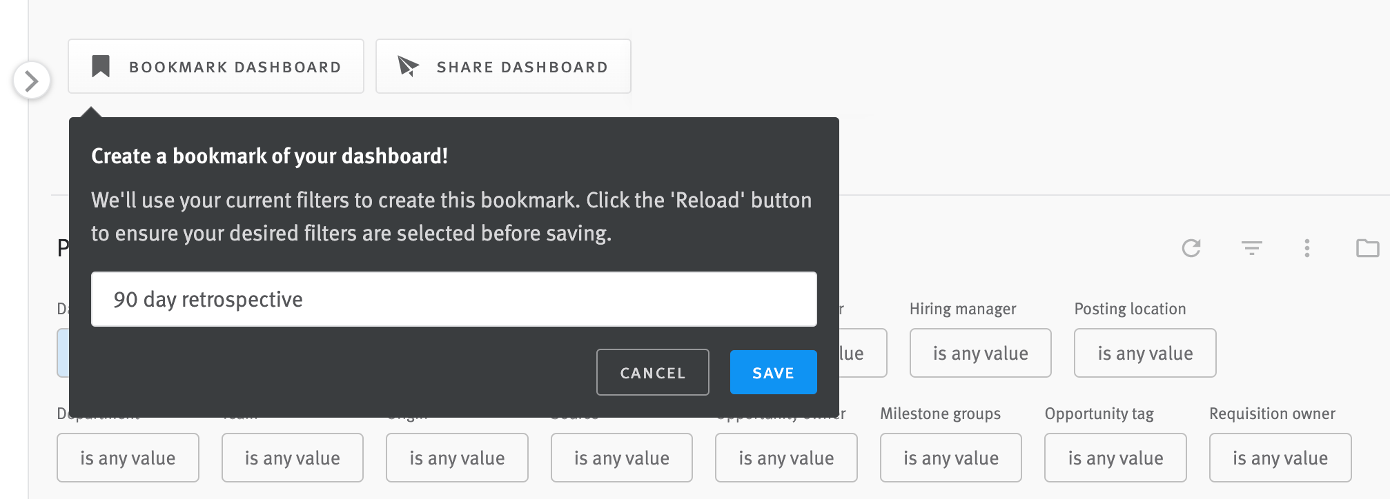 A bookmark being applied to a dashboard