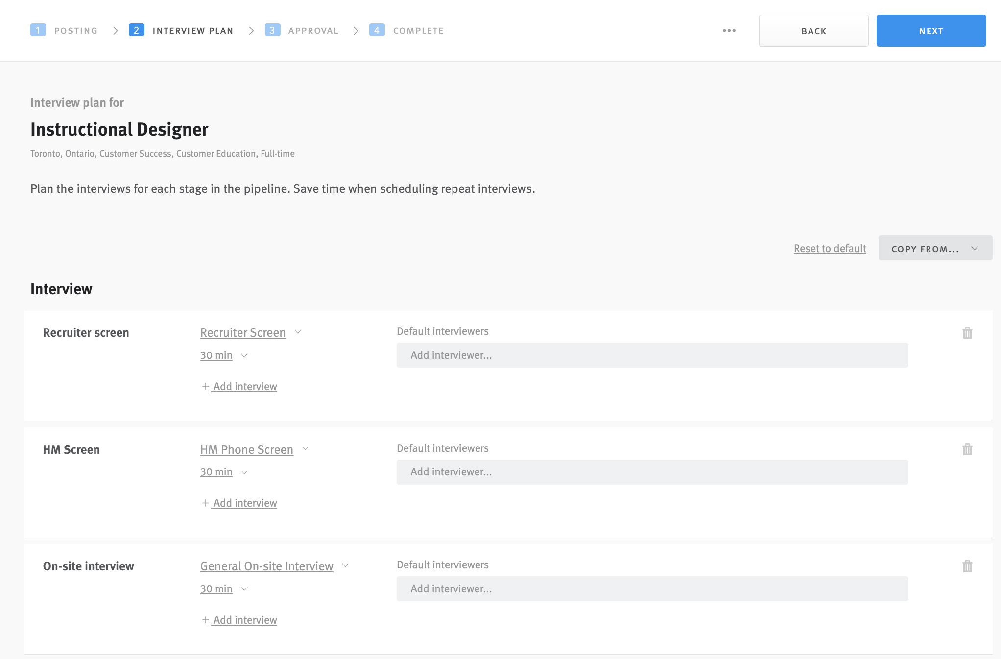 Interview plan tab in posting editor with interview stages listed.