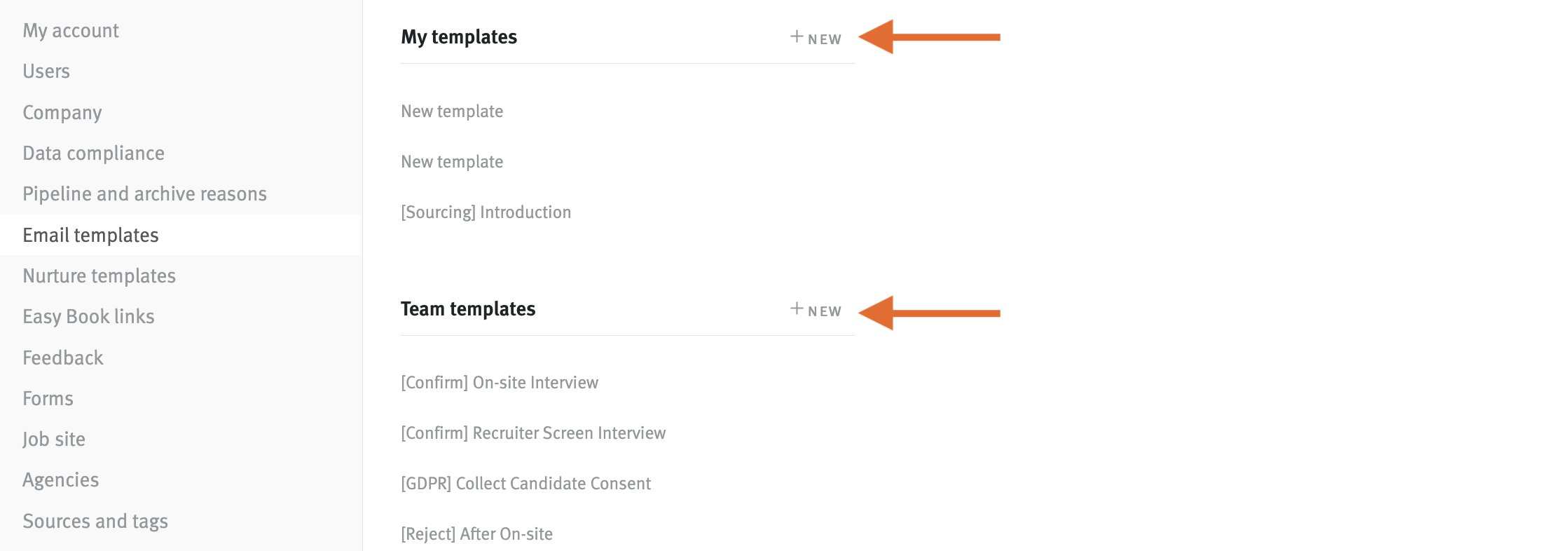 email templates page with arrows pointing to new buttons next to my templates and team templates