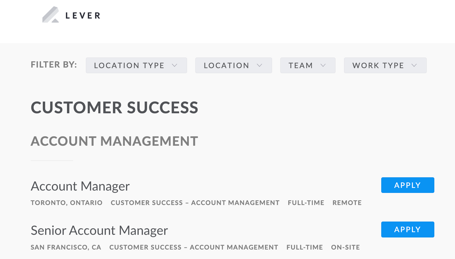 Lever-hosted job site