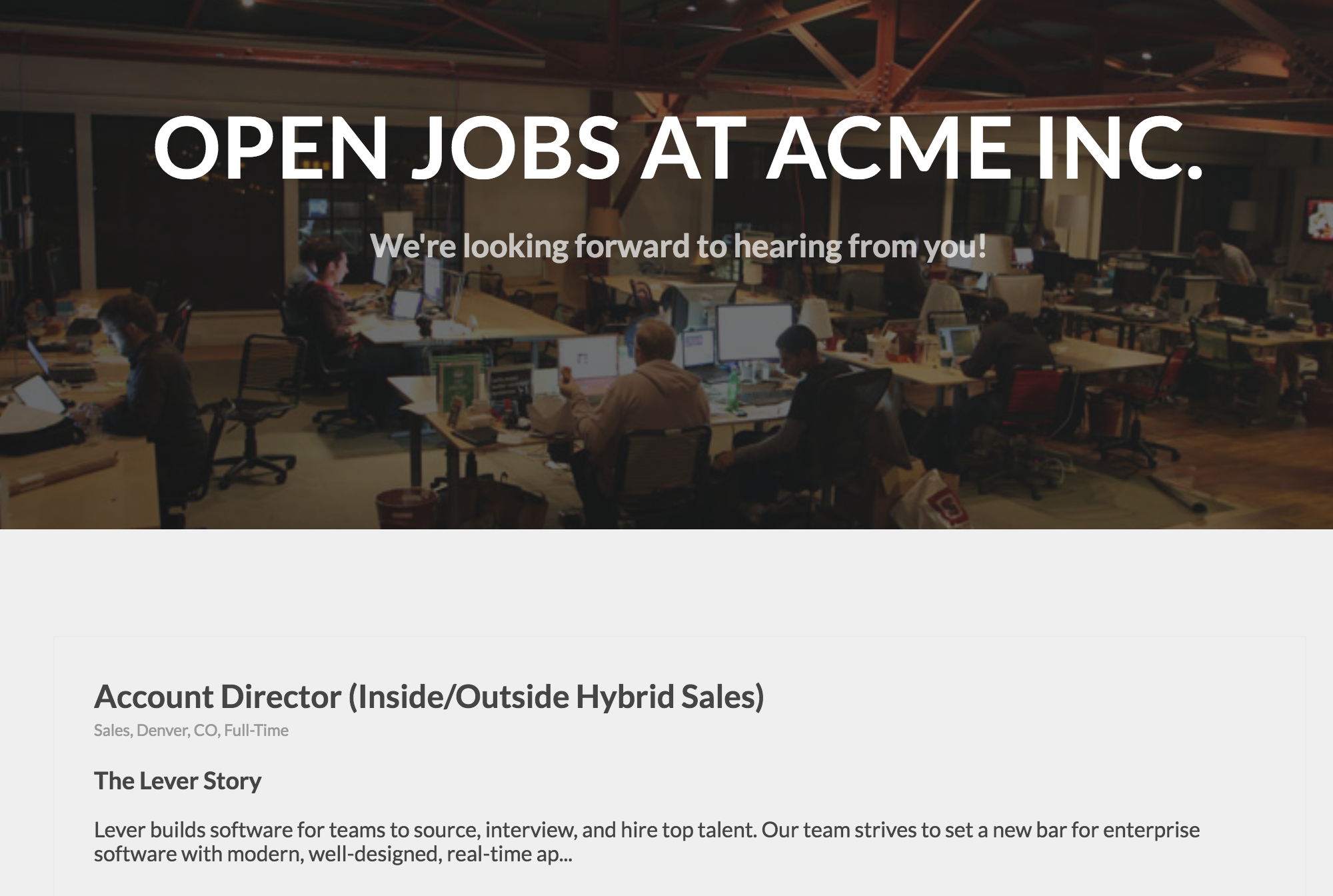 Example of career site with single column layout and cover image.