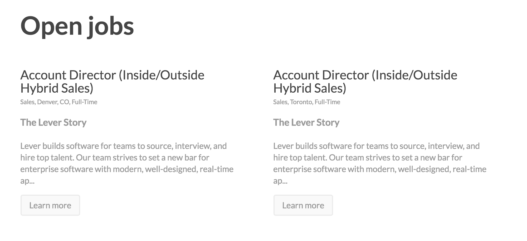 Example of career site with simple list with two column layout