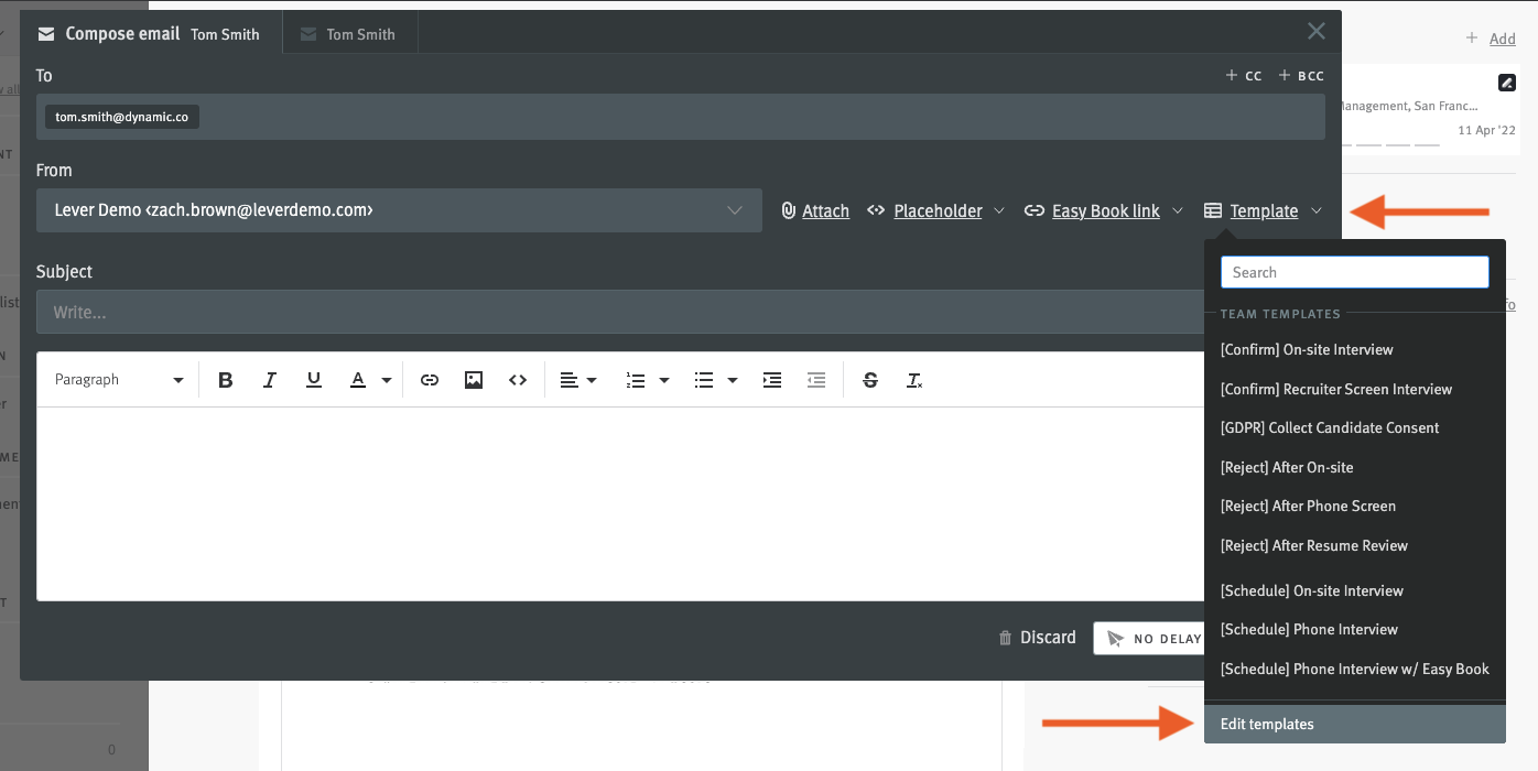 Email window opened with arrows pointing to template dropdown button and 'edit templates' selected from list