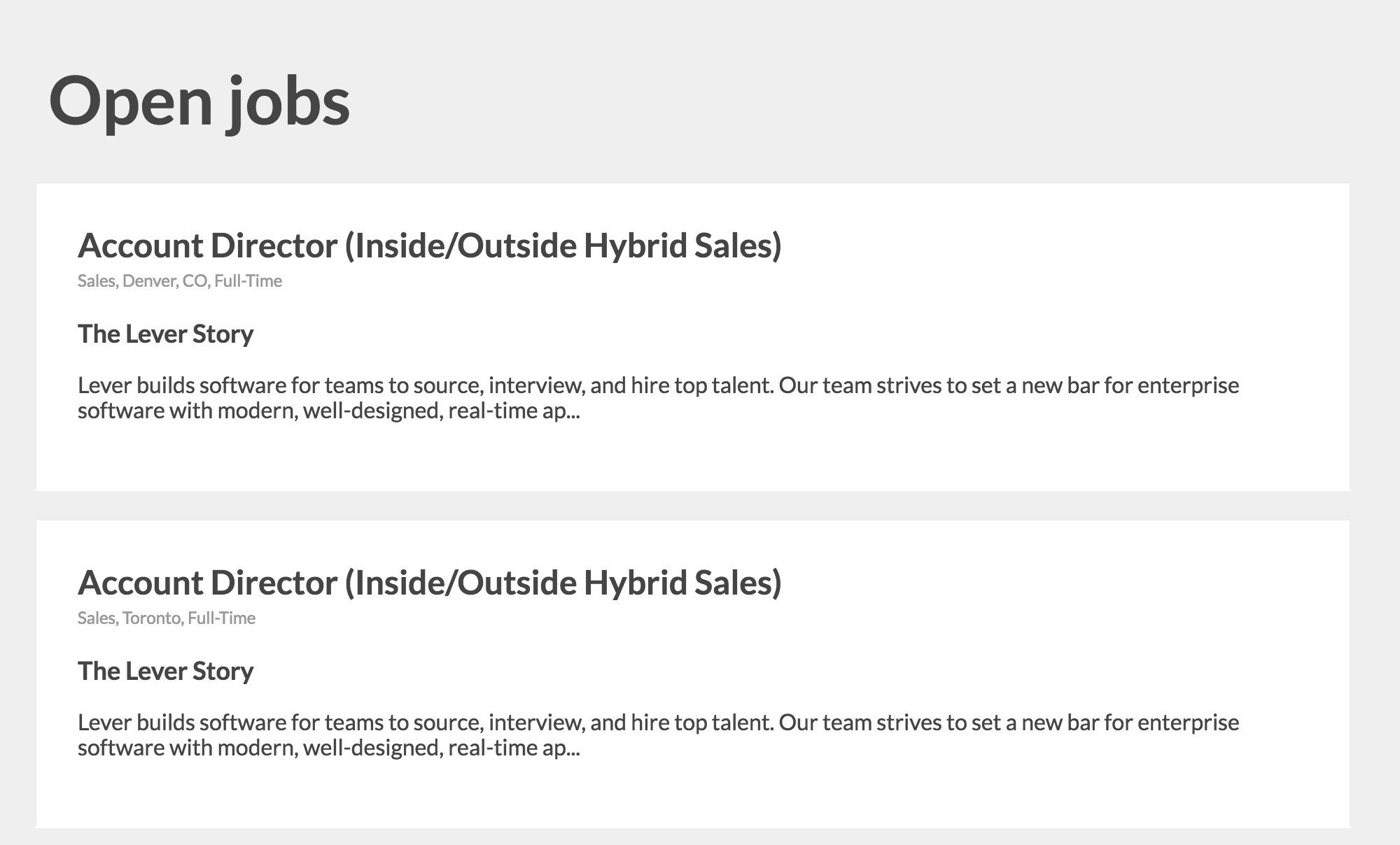 Example of career site with single column layout and cards