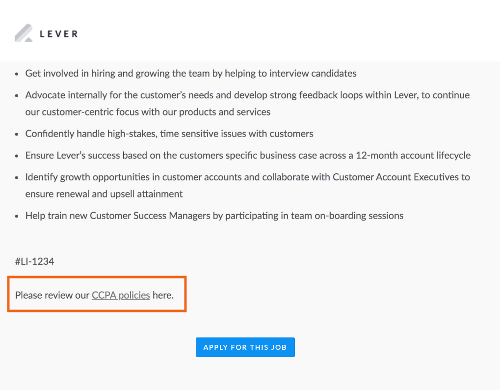 Lever job posting with CCPA policies information outlined.