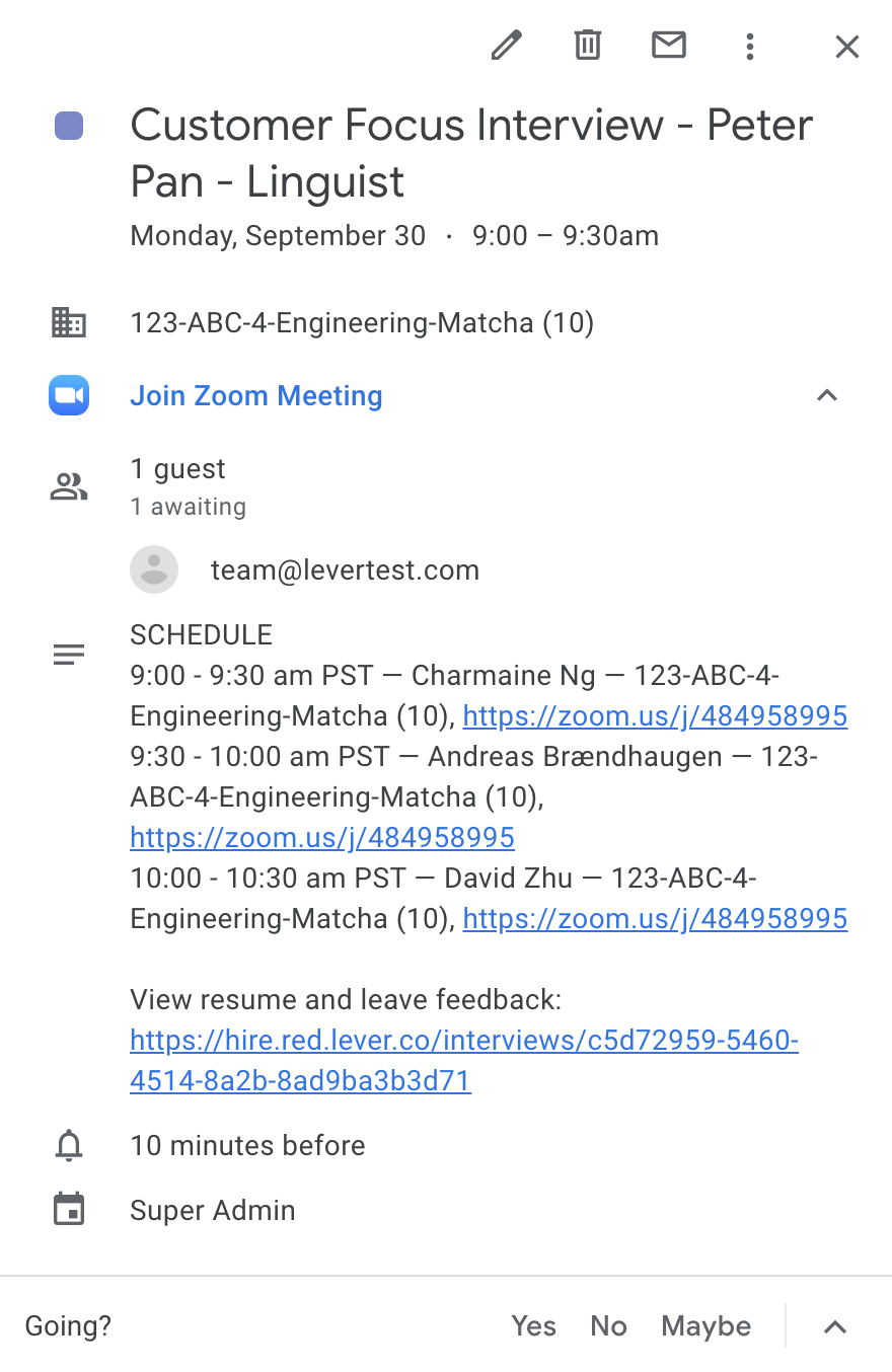 Google Calendar event details modal.