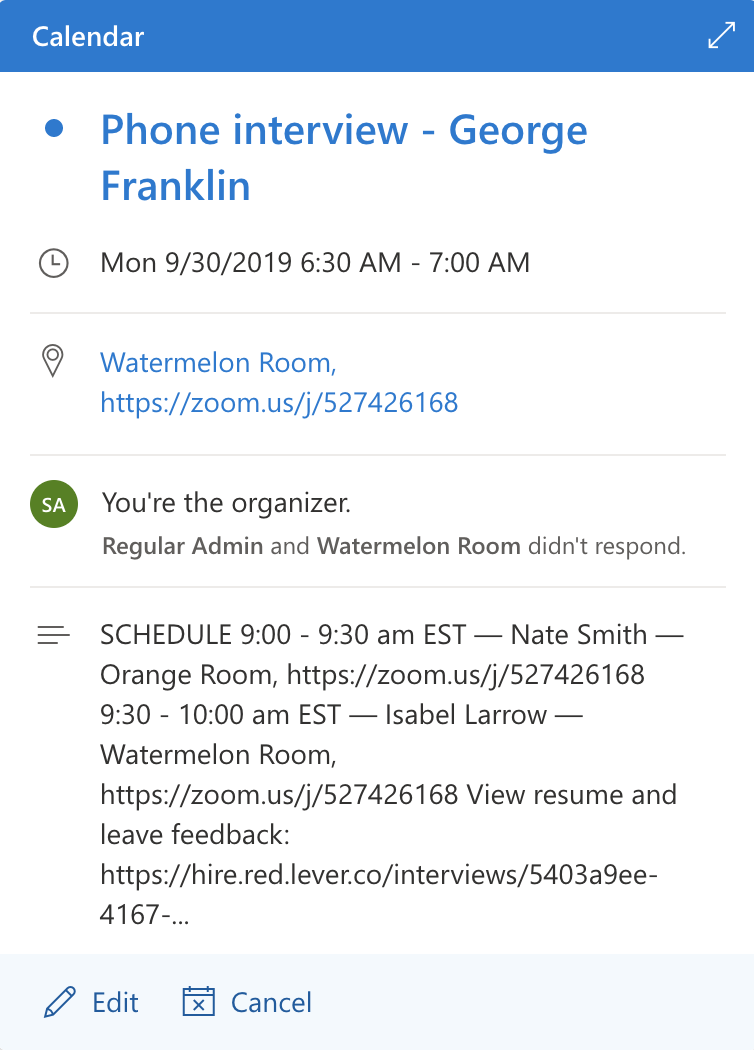 Office 365 event details modal.