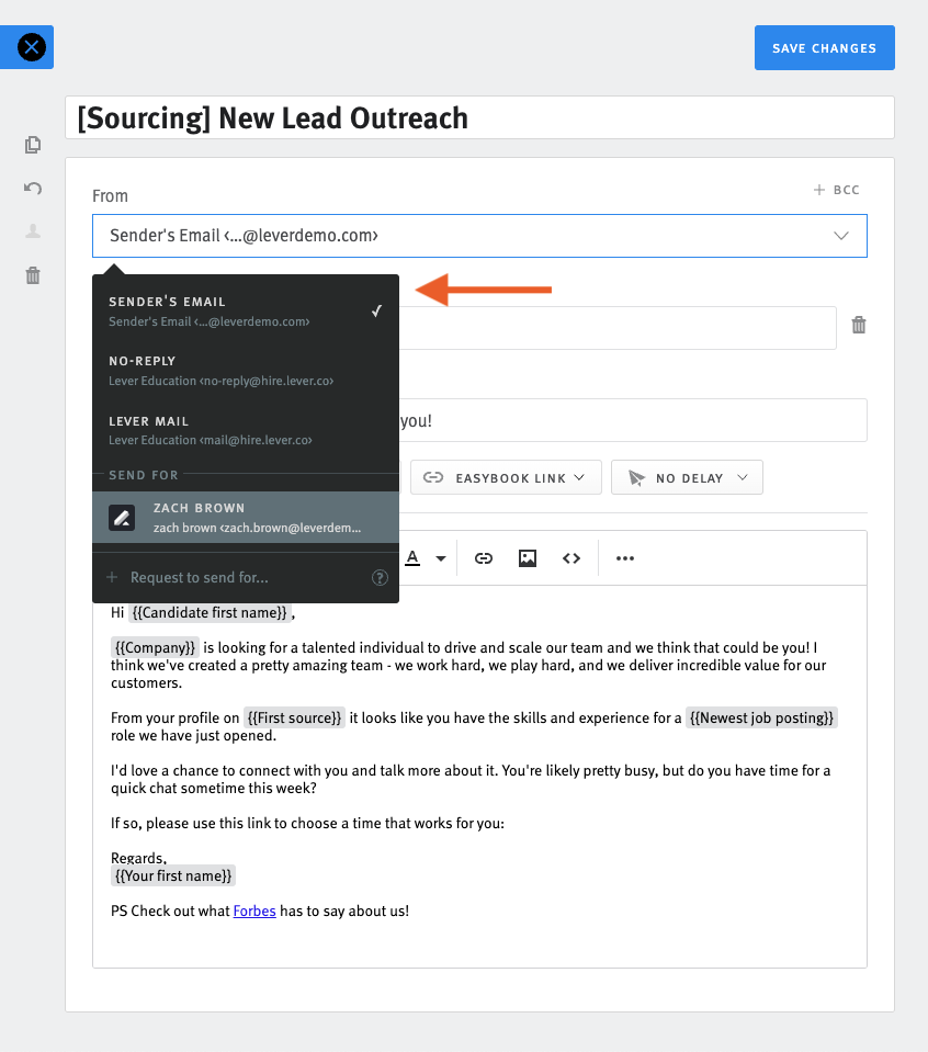 Lever email template editor with from dropdown menu and 'send for' option highlighted