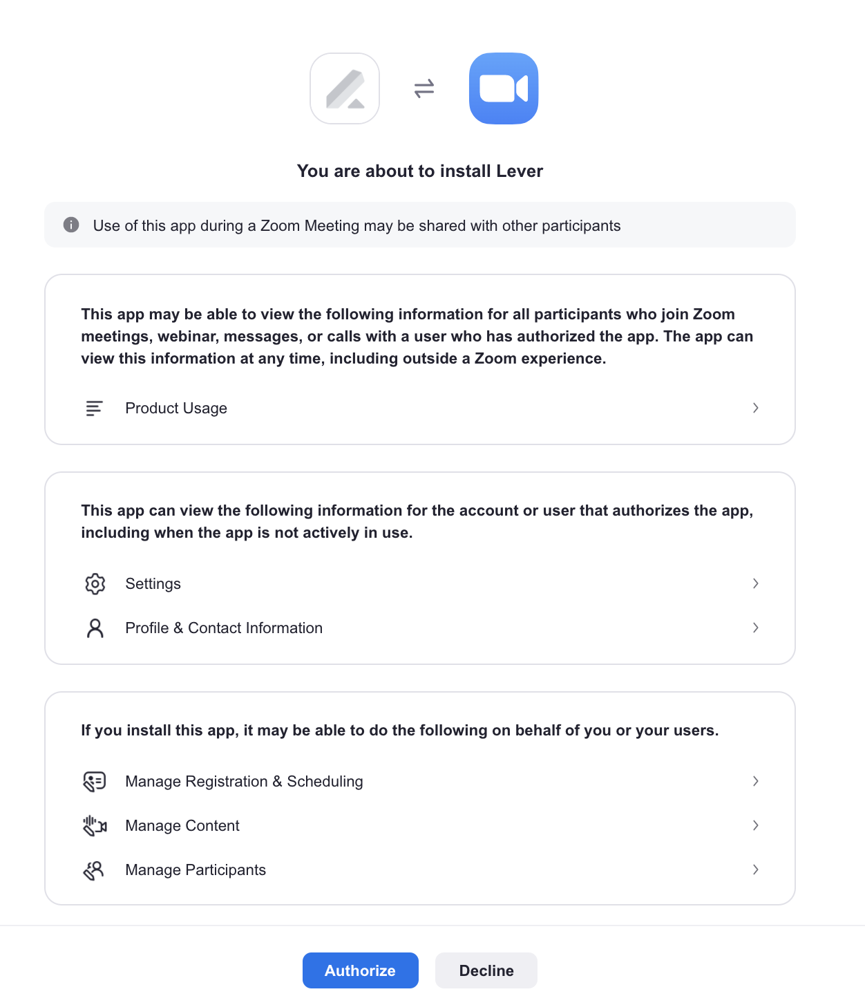 Lever and Zoom authorization page with a summary of information and actions that will be affected by the integration above buttons to Authorize or Decline.   